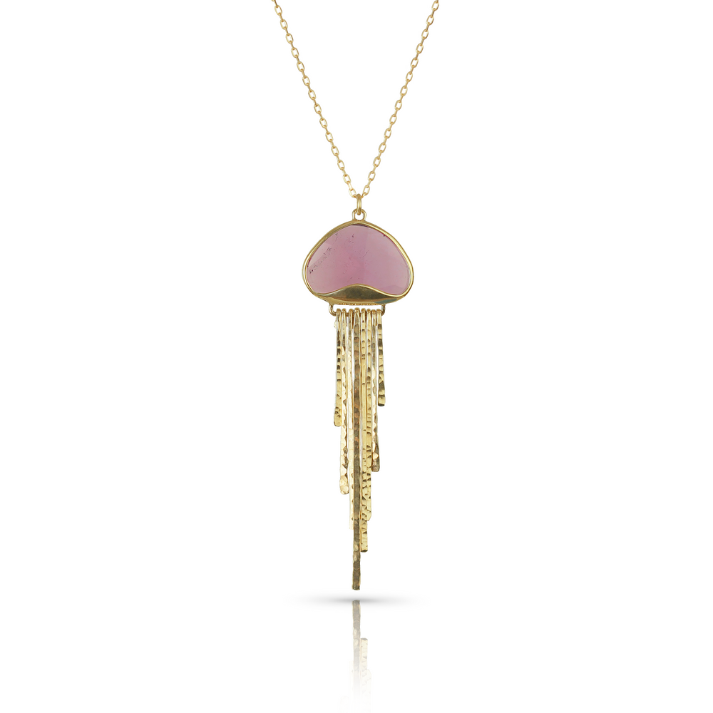 Jellyfish Pendant Necklace in Faceted pink tourmaline and 18k Yellow Gold on diamond cut gold chain. Bezel set, triangle shaped pink tourmaline, with narrow hammered gold dangling elements