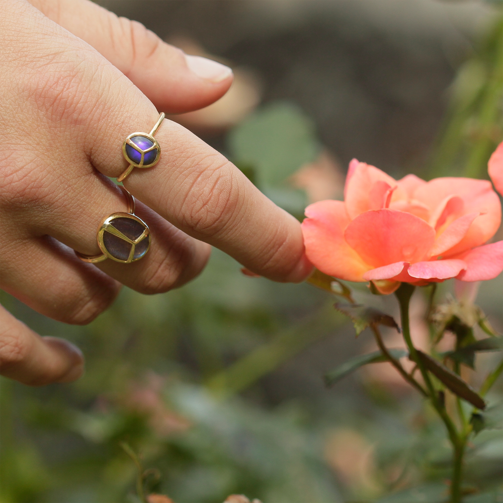 
                  
                    Hand touching a flower, while wearing two rings
                  
                