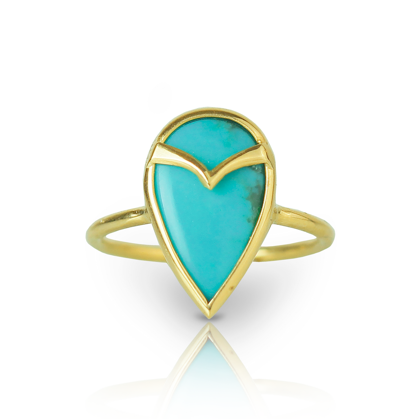 Yellow gold ring with a teardrop-shaped turquoise stone, and gold owl beak detail