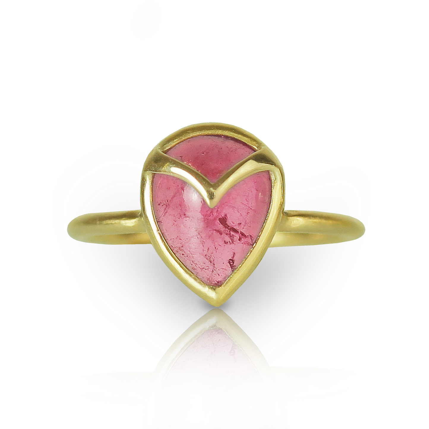 Yellow gold ring with a teardrop-shaped pink tourmaline, and gold owl beak detail