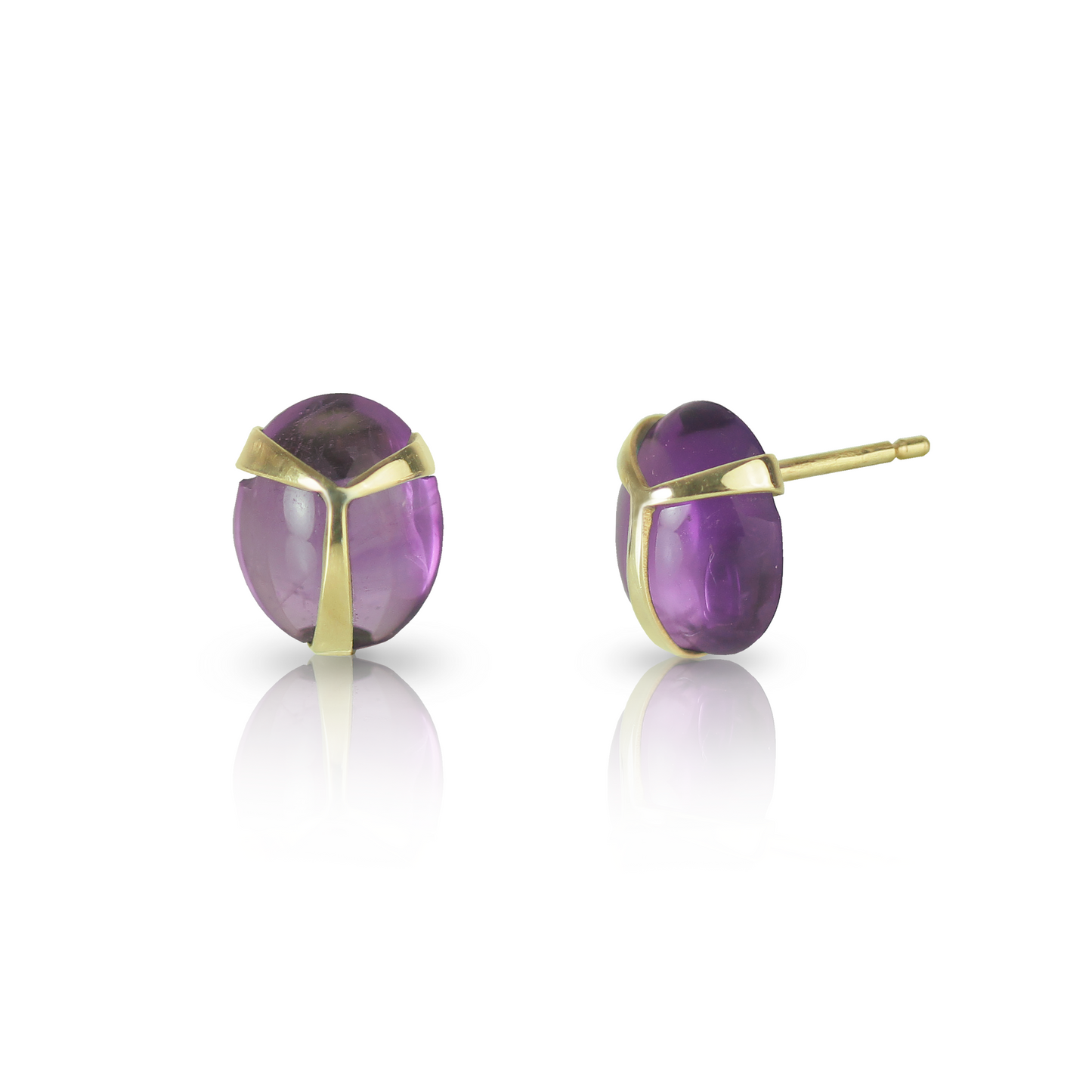 A pair of amethyst stud earrings with yellow gold beetle wing detail.