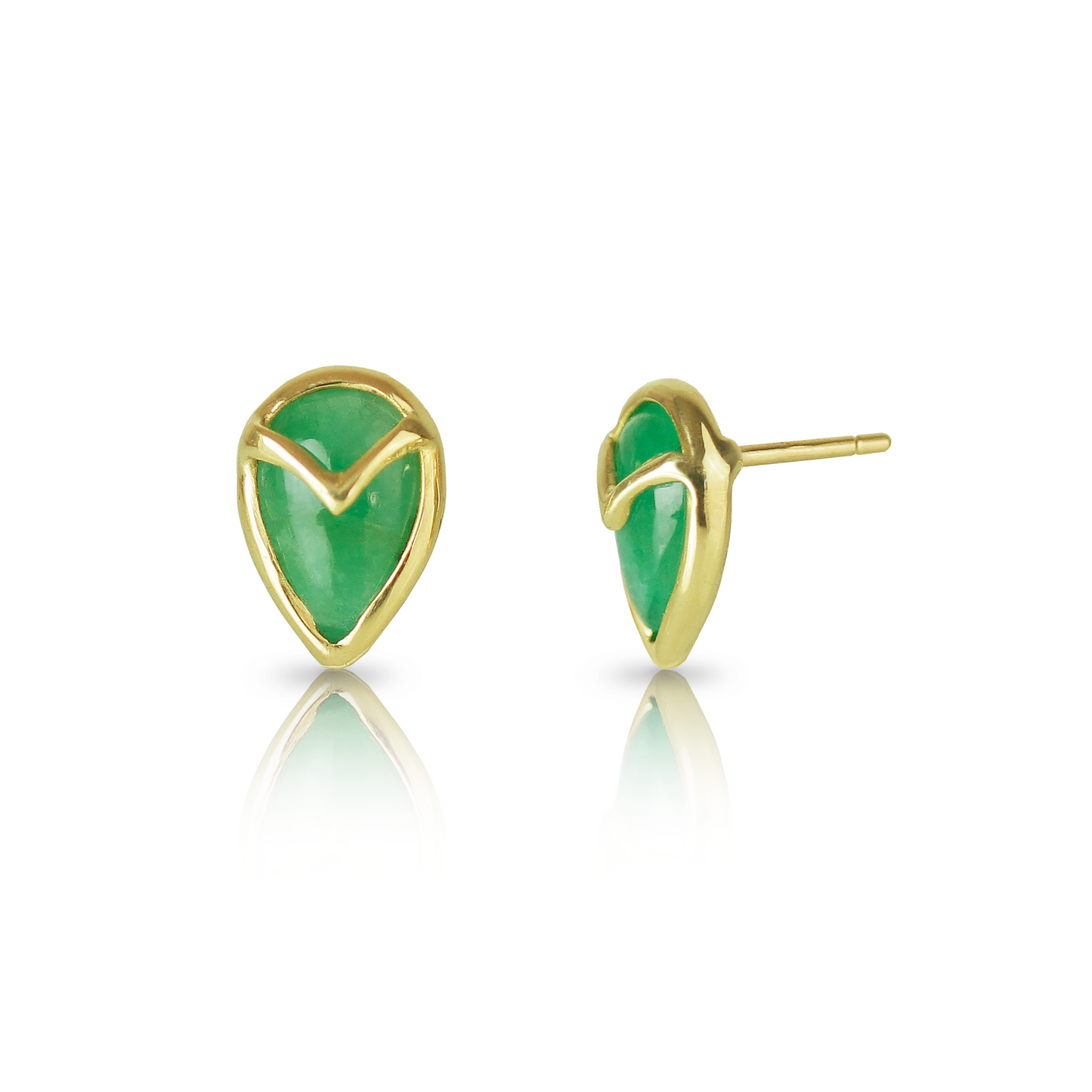 A pair of stud earrings with teardrop-shaped, green emerald stone, bezel set with yellow gold owl beak detail