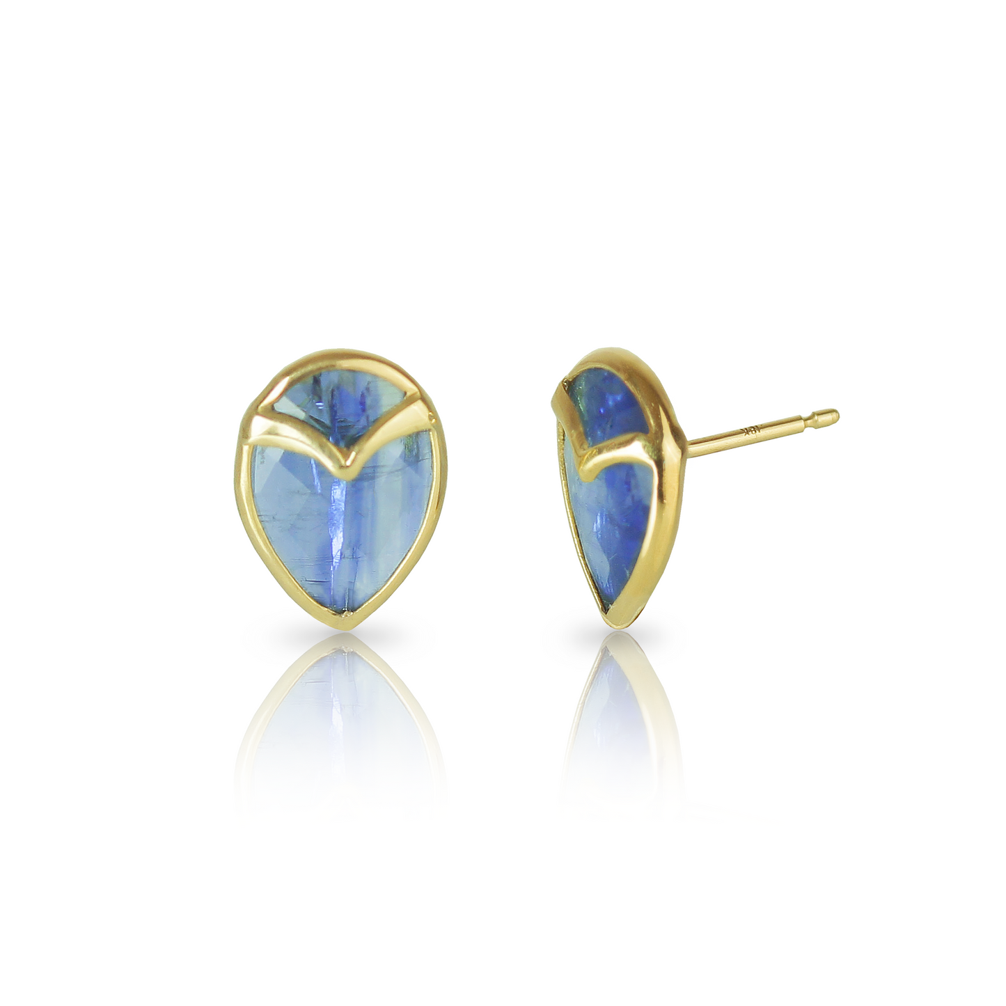 A pair of stud earrings with teardrop-shaped, Blue Kyanite, bezel set with yellow gold owl beak detail