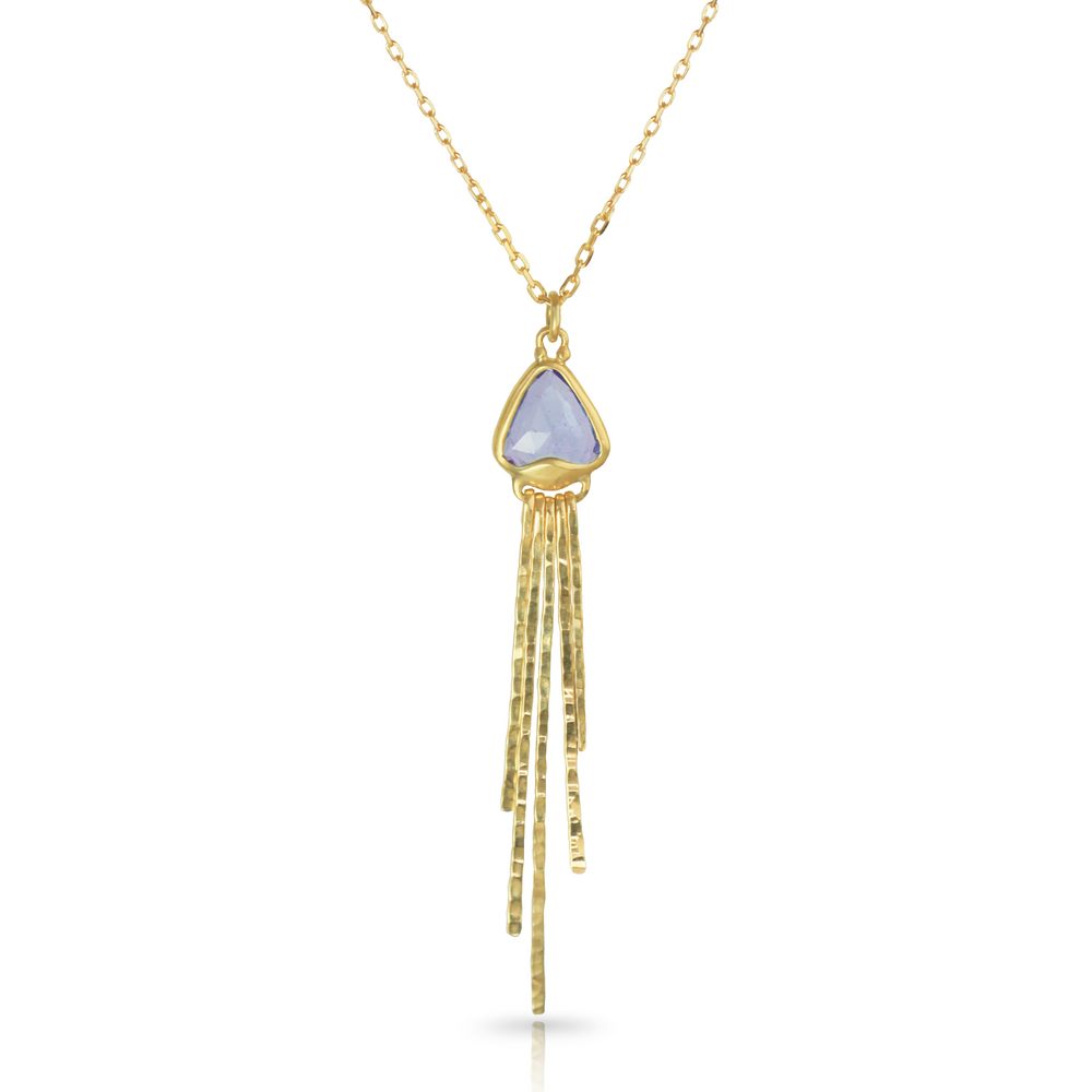 Jellyfish Pendant Necklace in Tanzanite and 18k Yellow Gold on diamond cut gold chain. Bezel set, triangle shaped Pale purple tanzanite, with narrow hammered gold dangling elements