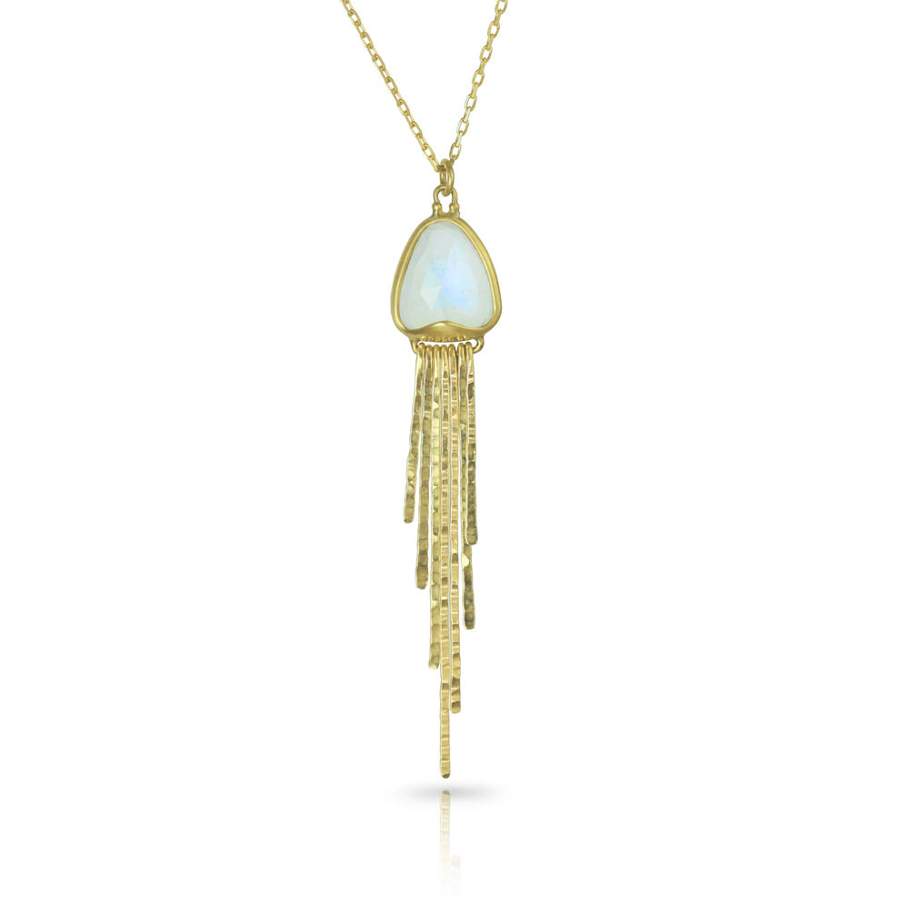 Jellyfish Pendant Necklace in Faceted Rainbow Moonstone and 18k Yellow Gold on diamond cut gold chain. Bezel set, triangle shaped Rainbow Moonstone, with narrow hammered gold dangling elements