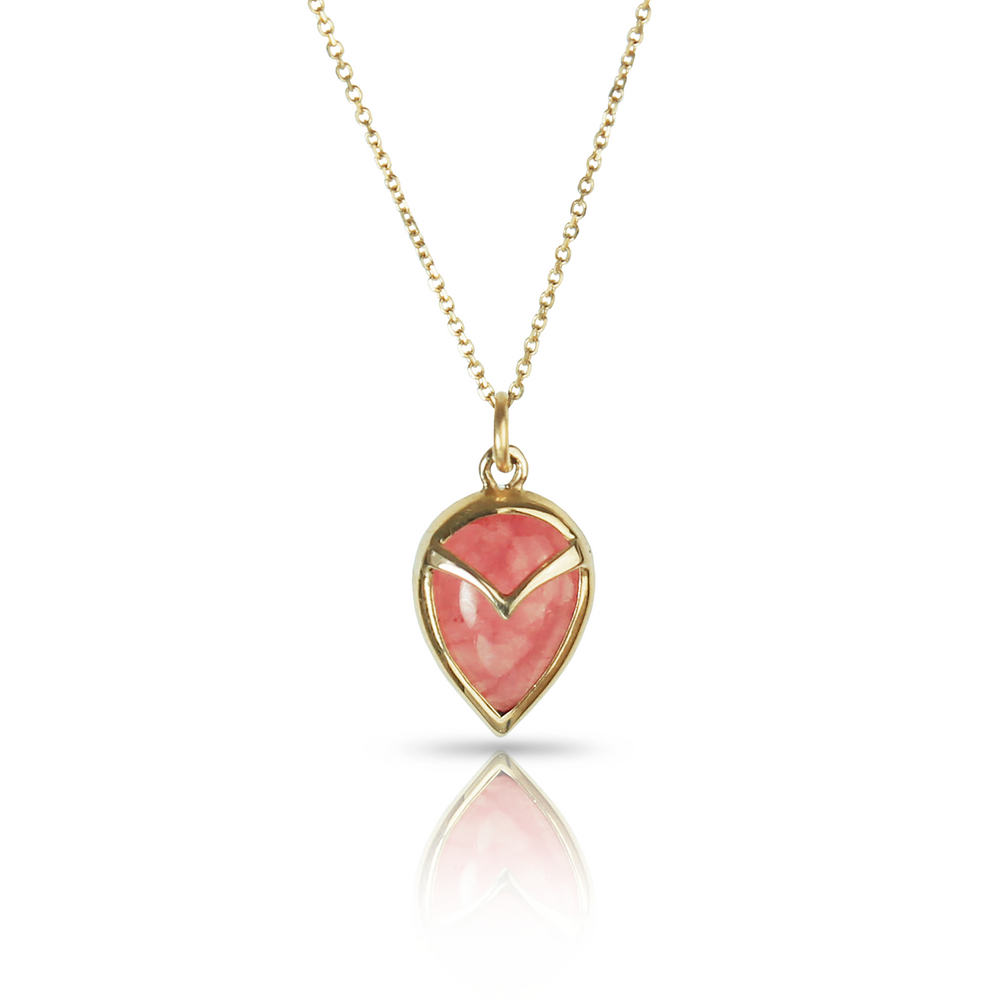 Gold Necklace with bezel set, tear drop shaped, pink rhodochrosite stone, on a gold chain