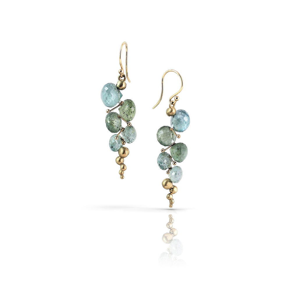 Small Caviar Earrings in Moss Aquamarine and 14k Gold