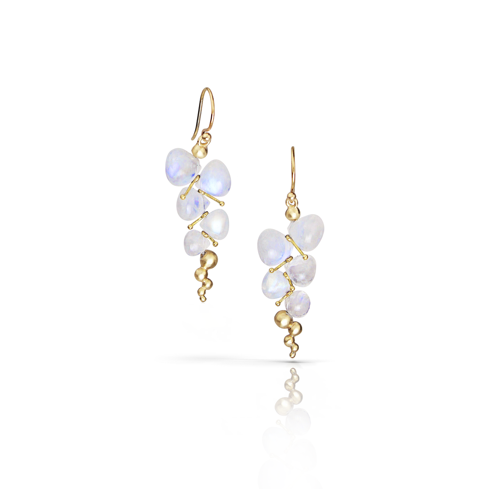 Small Caviar Earrings in Rainbow Moonstone and 14k Gold