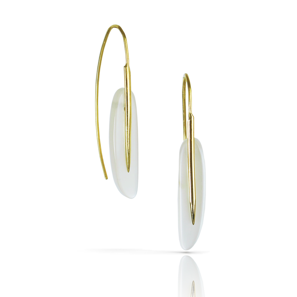 Earrings with feather shaped white moonstones, and elongated yellow gold ear wire