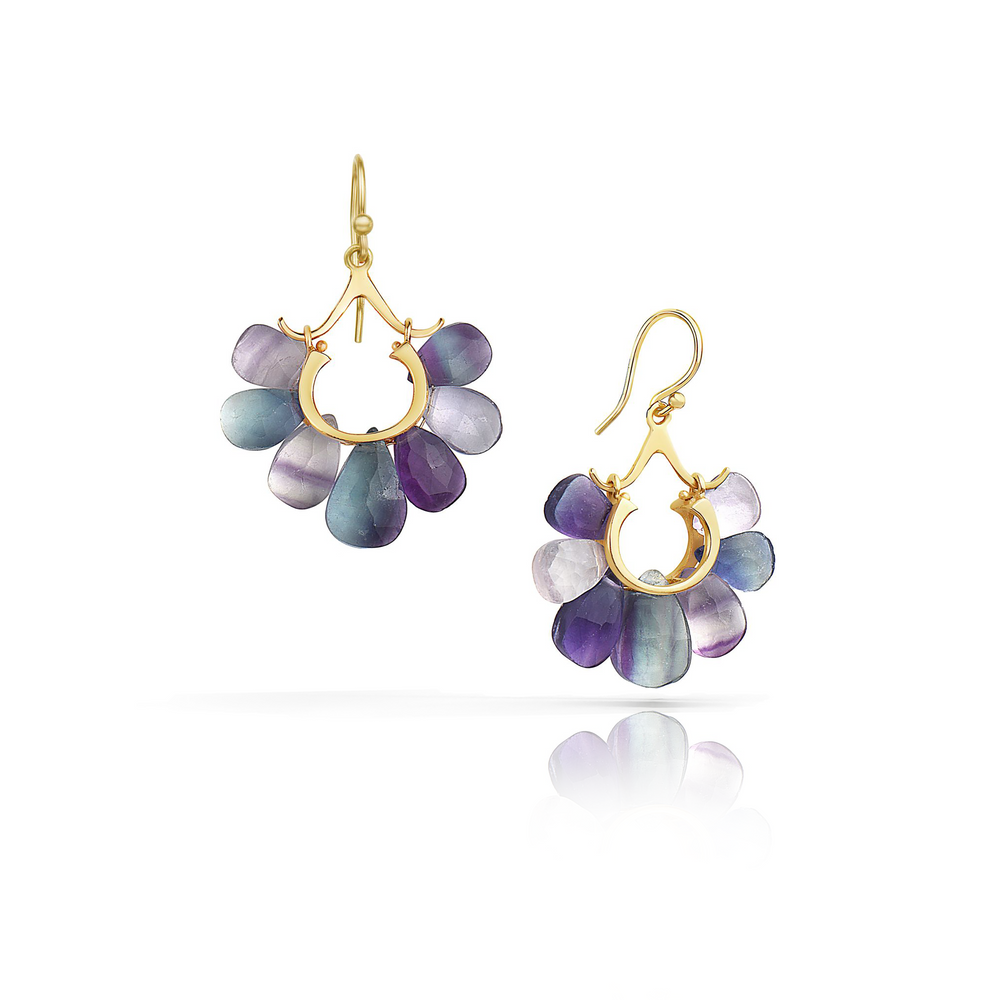 Small Peacock Earrings in Fluorite and 14k Gold