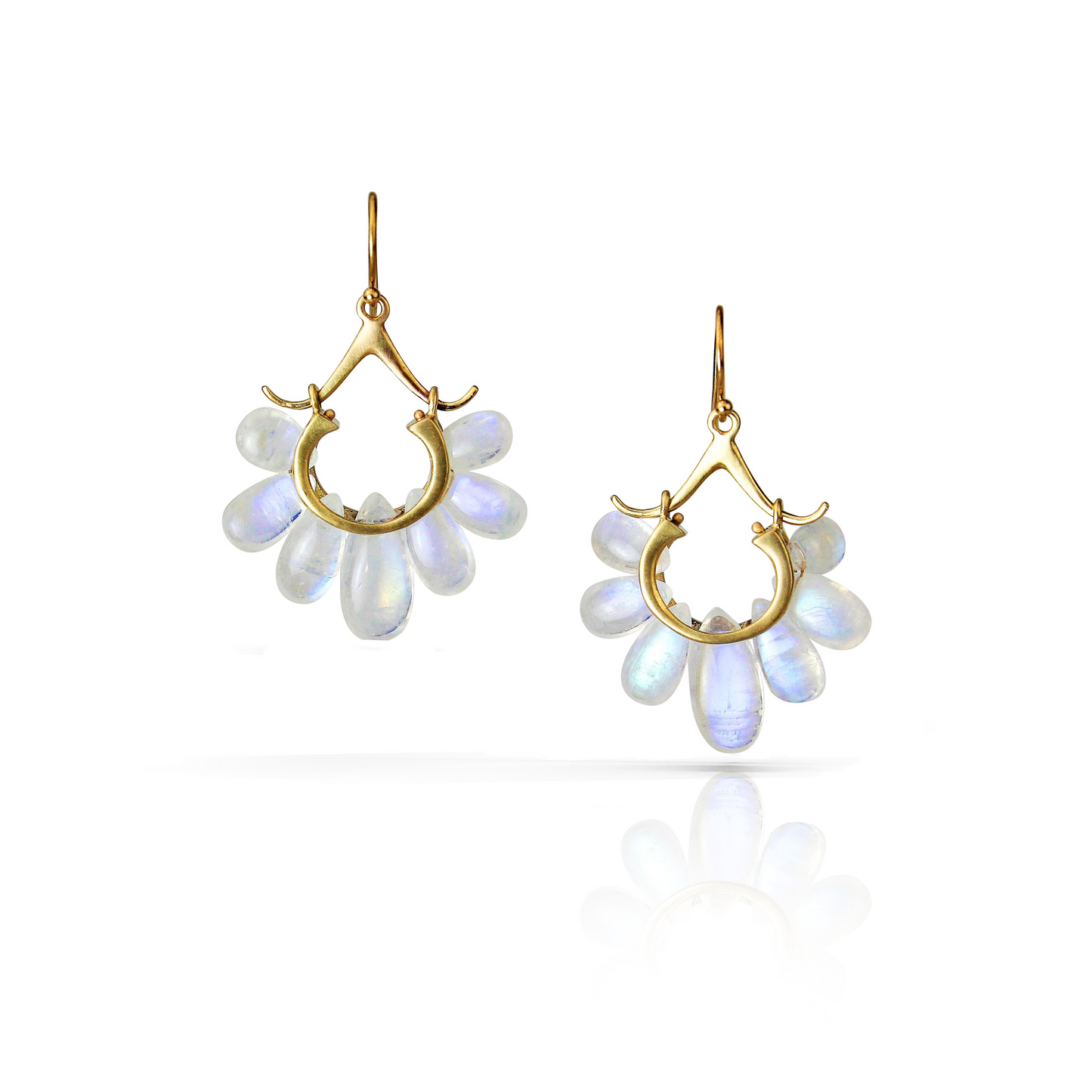 
                  
                    Small Peacock Earrings in Rainbow Moonstone and 14k Gold
                  
                